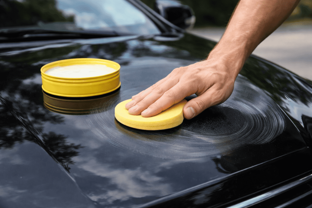 melhores ceras automotivas sendo aplicadas no capô do carro